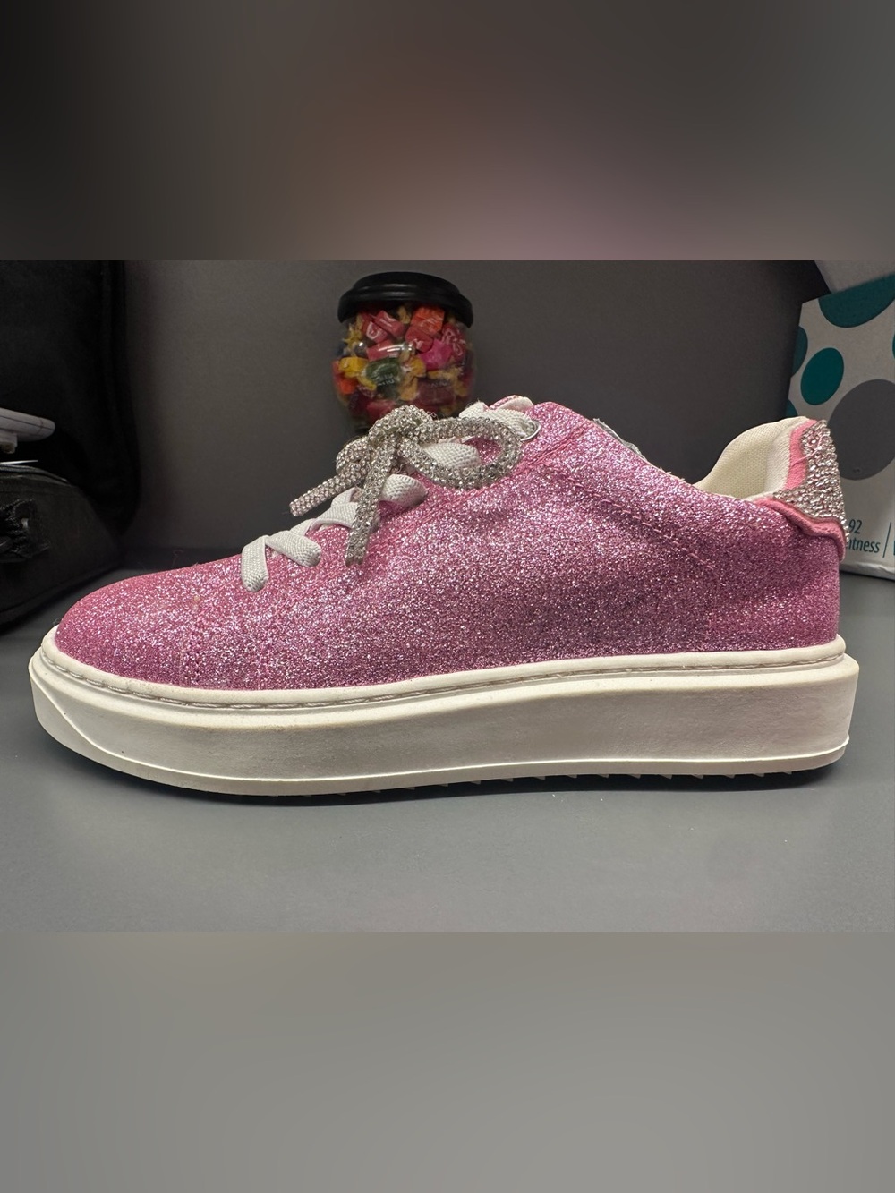 Steve Madden Sparkle Pink Lace-Up Sneakers with Crystal Bow